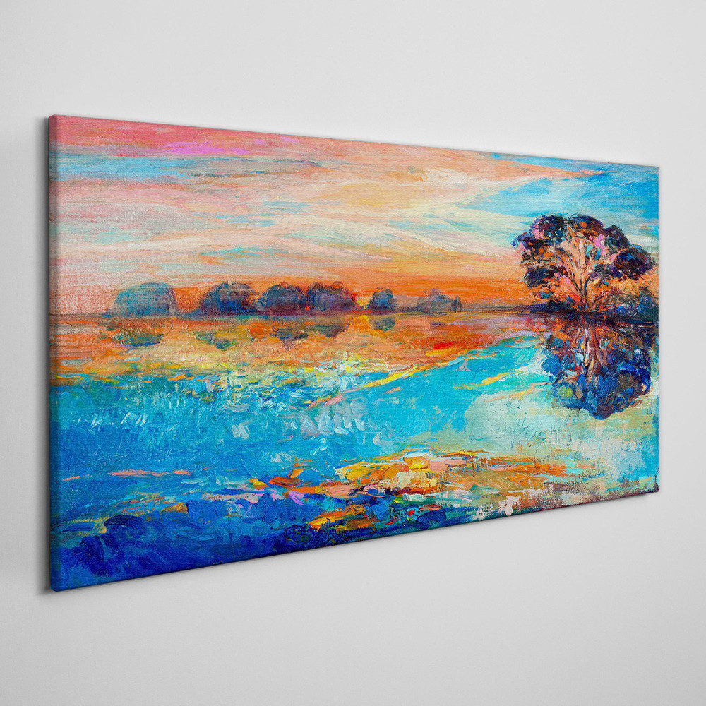 PL Coloray Obraz na Płótnie woda drzewa zachód słońca 100x50cm