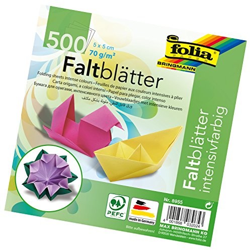 Folia - składane papierowe arkusze ozdobne ze zdobieniami do Origami o gramaturze 70 g/m2, 500 arkuszy w 10 kolorach, prostokątna, 5 x 5 cm (8955)