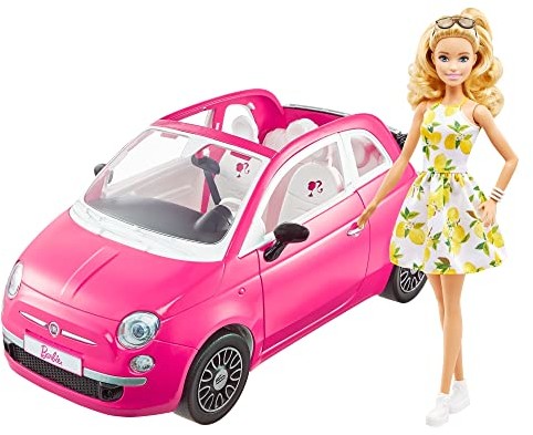 Mattel HGV03 - Fiat 500 Pojazd 4-osobowy i lalka w ubranku, prezent dla dzieci od 3 do 7 lat 0194735057979