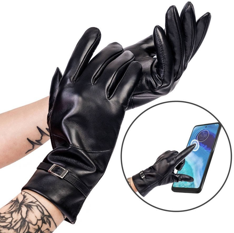 ROVICKY Lumarko Ocieplane Rękawiczki Damskie Ze Skóry Naturalnej Ze Sprzączką R-RDS-04-O CZARNY Rov