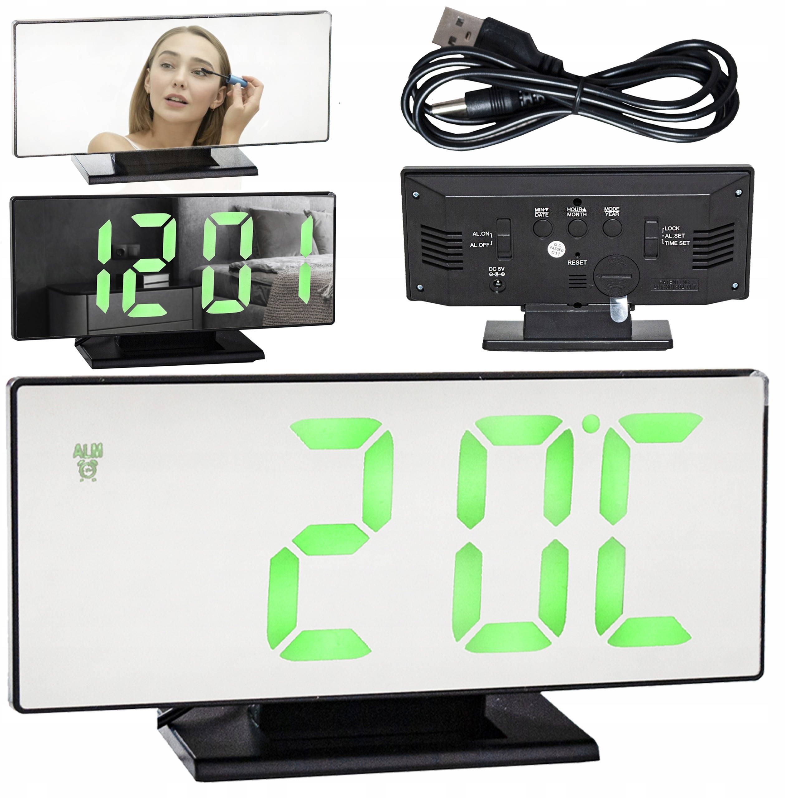 Budzik Lustro Zegar Elektroniczny Termometr Led