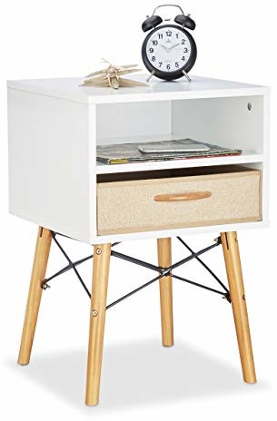 Relaxdays stolik nocny z drewnianymi nóżkami z, metalowe kreuzstreben materiał, skandynawski, szuflady, łóżko stół 61 x 40 x 40 cm, biały 10021838