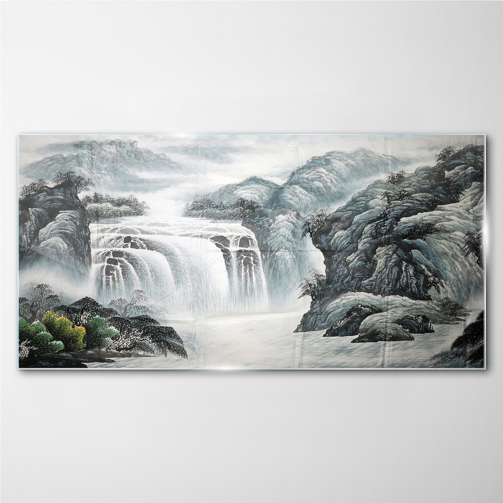 PL Coloray Obraz Szklany Góra Rzeka Wodospad Krzewy 120x60cm