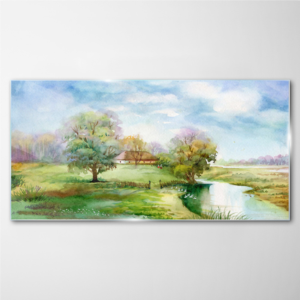 PL Coloray Obraz Szklany wieś drzewa niebo 120x60cm