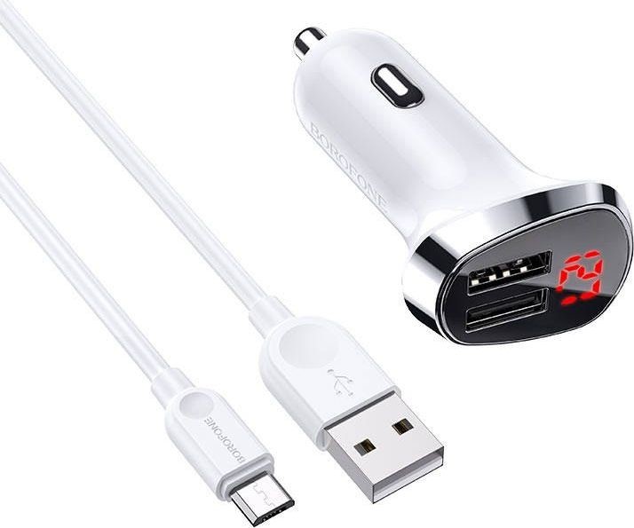Borofone Ładowarka  Ładowarka Samochodowa 2,4A 2xUSB z Wyświetlaczem LCD + Kabel Micro USB 1m Borofone BZ15 biały 6931474737694