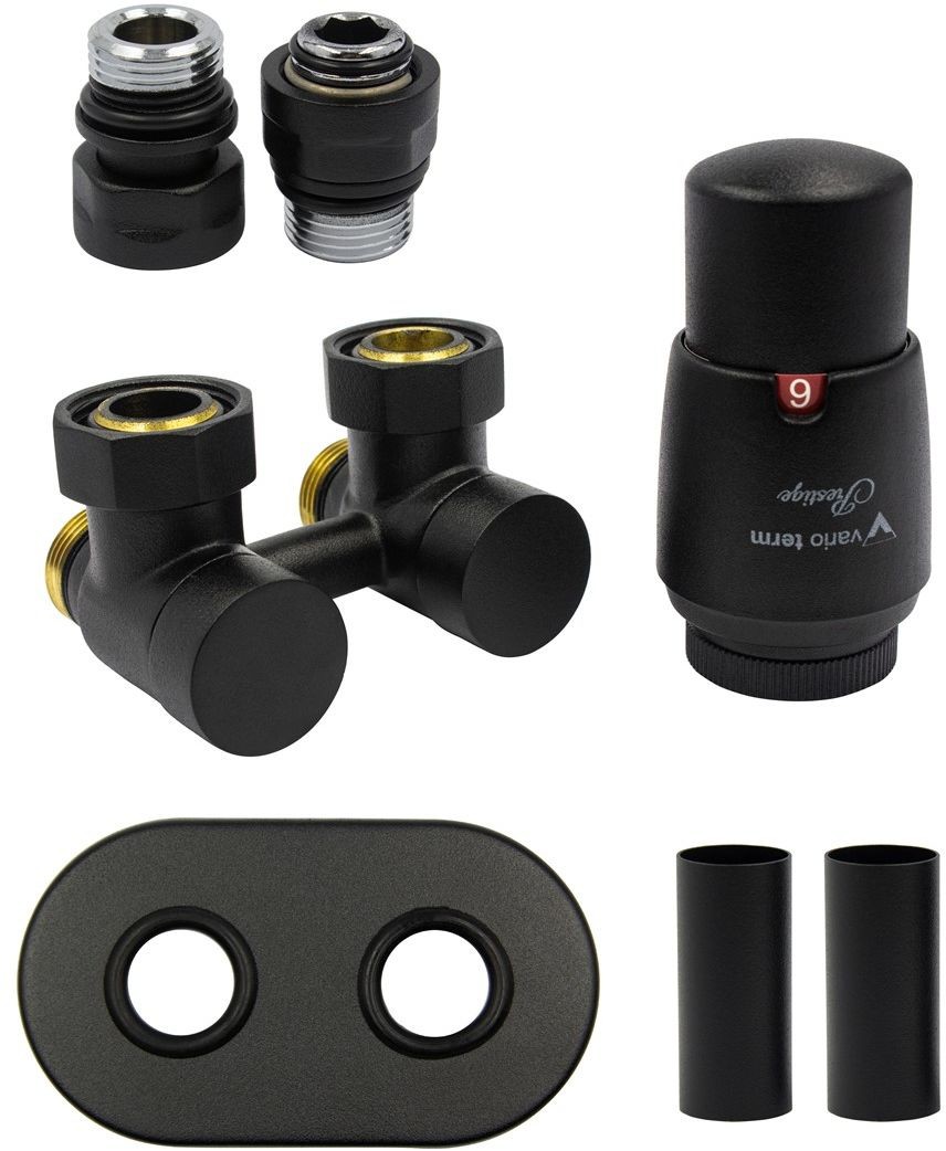 Varioterm Zawór odcinający kątowy Premium Exclusive All In One z głowicą termo - czarny strukturalny instalacja 1/2 - złączka GZ