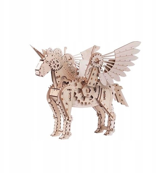 Mechaniczny Jednorożec drewniane puzzle 3D