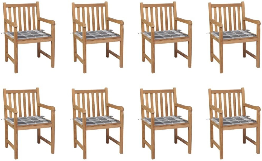 vidaXL Krzesła ogrodowe, 8 szt., z poduszkami w szarą kratkę, tekowe! 3073072