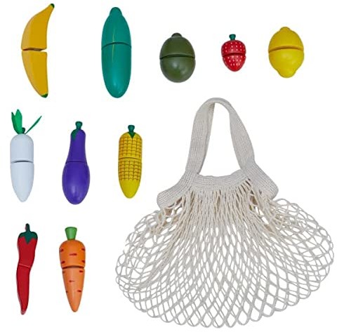 Teamson Kids Kids Little Chef Frankfurt TK-W00015 drewniana zabawka kuchenna, interaktywna gra rolkowa, zestaw do krojenia owoców i warzyw, akcesoria 10 sztuk i torba TK-W00015
