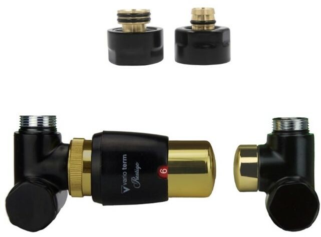 Varioterm Zawór termostatyczny do grzałki 50mm INTEGRA GLAMOUR ze złączką CU/PEX/ GZ1/2 /GW1/2 - pex 16 mm lewy czarny mat ze złotym