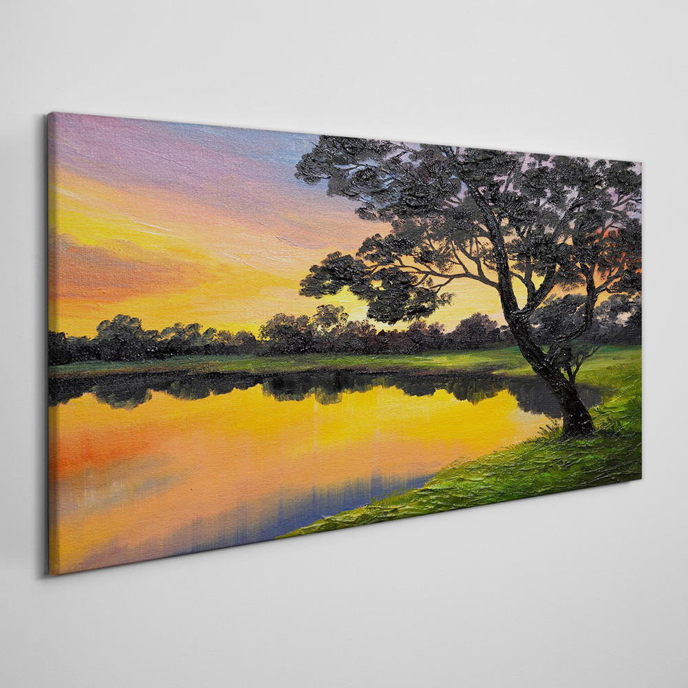 PL Coloray Obraz na Płótnie jezioro las zachód słońca 100x50cm