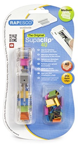 Rapesco Supaclip Pojemność 40 kartek - Transparentny Dozownik + 25 Wielokolorowych Klipów RC4025MC