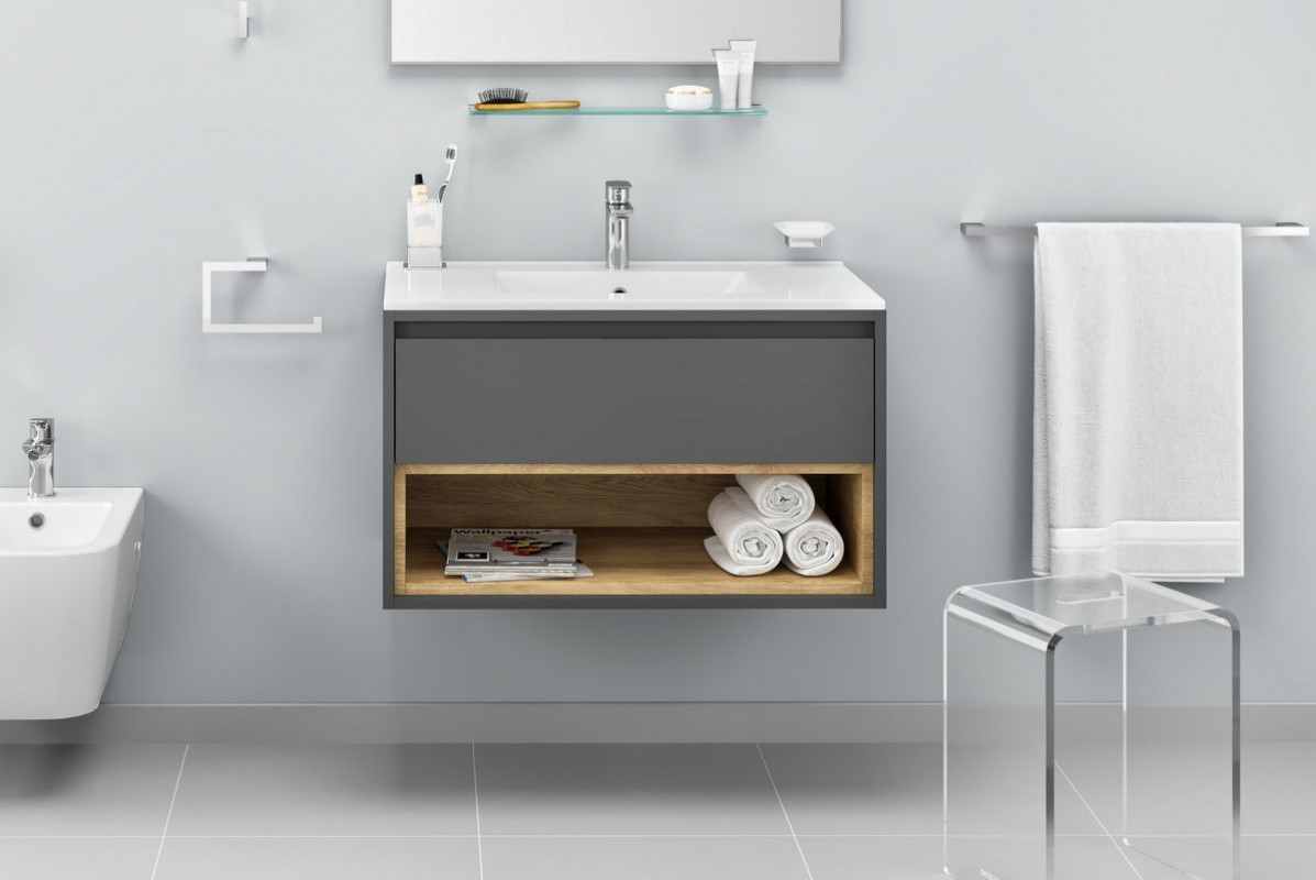 Excellent Excellent Tuto Zestaw Szafka podumywalkowa 80x45,7x50 cm z umywalką As szary/dąb MLEX.0101.800.GRBL+CEEX.3617.800.WH