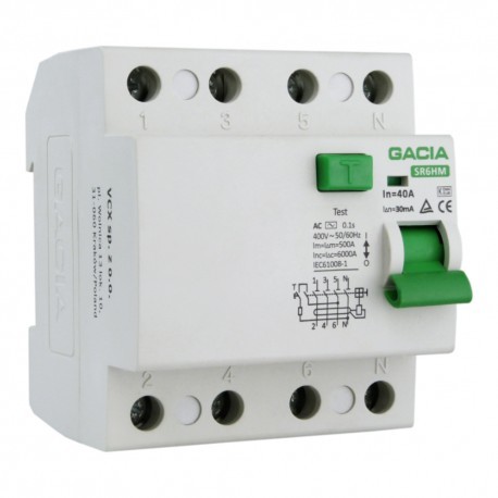 GACIA 40A 4P 30mA 6kA typ AC Wyłącznik różnicowoprądowy AC SR6HM 4P 40A 30mA AC GACIA 6026 SR6HM 40A TYP AC
