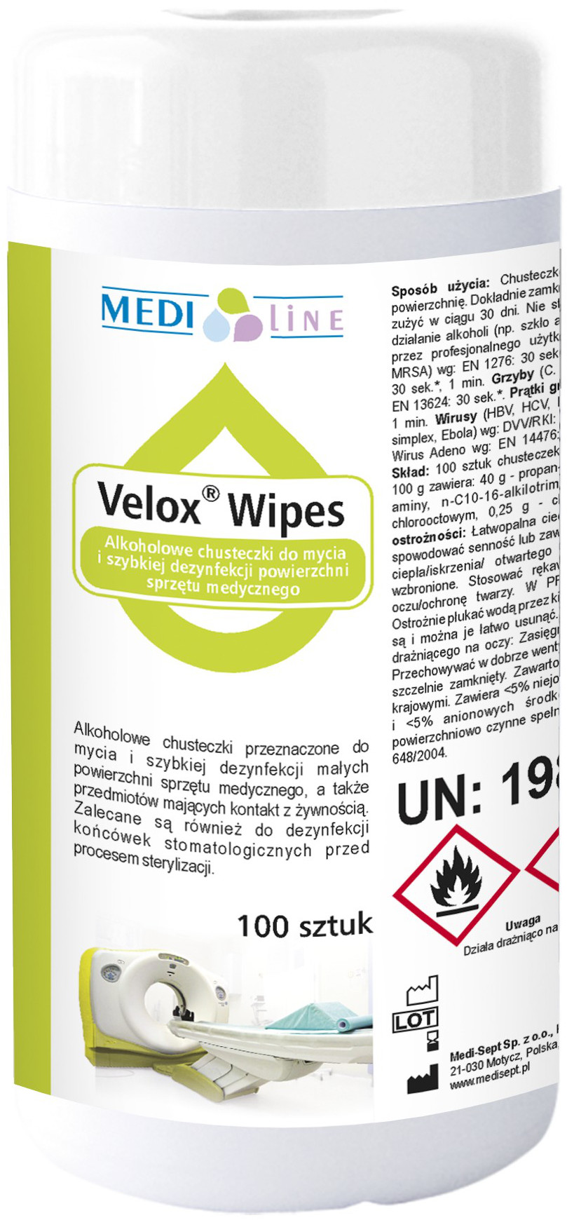 MEDI-SEPT Medi-Sept Velox Wipes Chusteczki do dezynfekcji różnorodnych powierzchni sprzętu medycznego z tworzyw sztucznych TOW008023