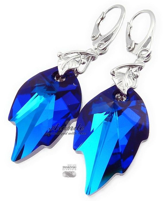 Swarovski PIĘKNE KOLCZYKI BLUE LEAF LONG SREBRO