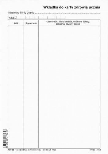 Firma krajewski Wkładka do karty zdrowia ucznia [Mz/Hsz-11a] Mz/Hsz-11a