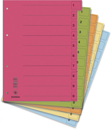 Donau Przekładki karton, A4, 235x300mm, 0-9, 50 kart z perforacją, mix kolorów 8611001S-99
