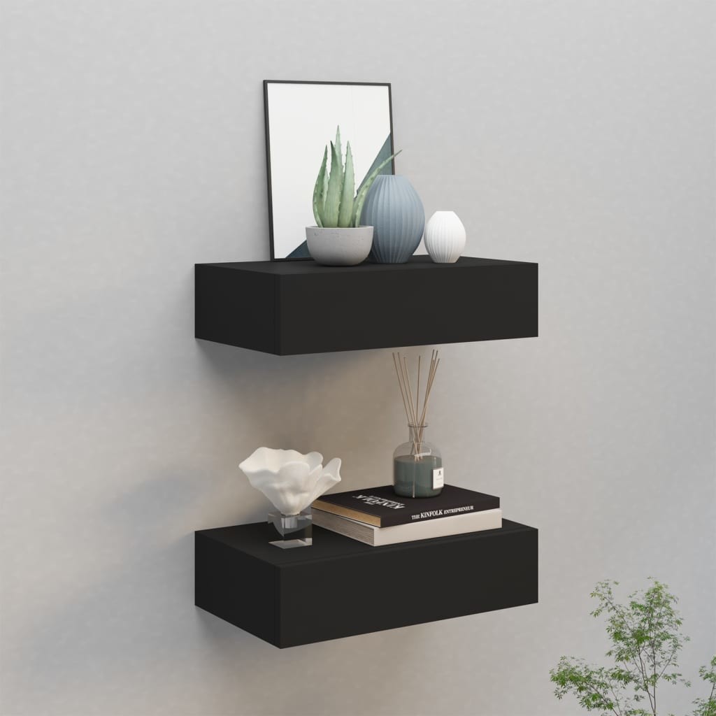 vidaXL vidaXL Półki ścienne z szufladą, 2 szt., czarne, 40x23,5x10 cm, MDF