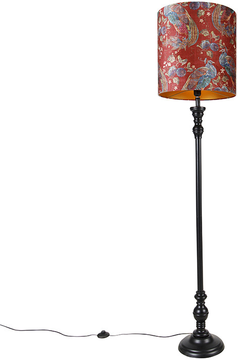 QAZQA Klasyczna lampa podłogowa czarna klosz welurowy czerwony paw 40cm - Classico