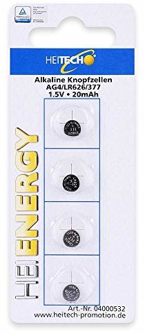 HEITECH Promotion GmbH HEITECH 4-pak AG4 baterie alkaliczne 1,5 V - LR66 / L626 / LR626 / SR66 / SR626 / SR626SW / 177/377 - baterie guzikowe zabezpieczone przed wyciekiem i o długiej trwałości, 4 sztuki, 0400532 04000532