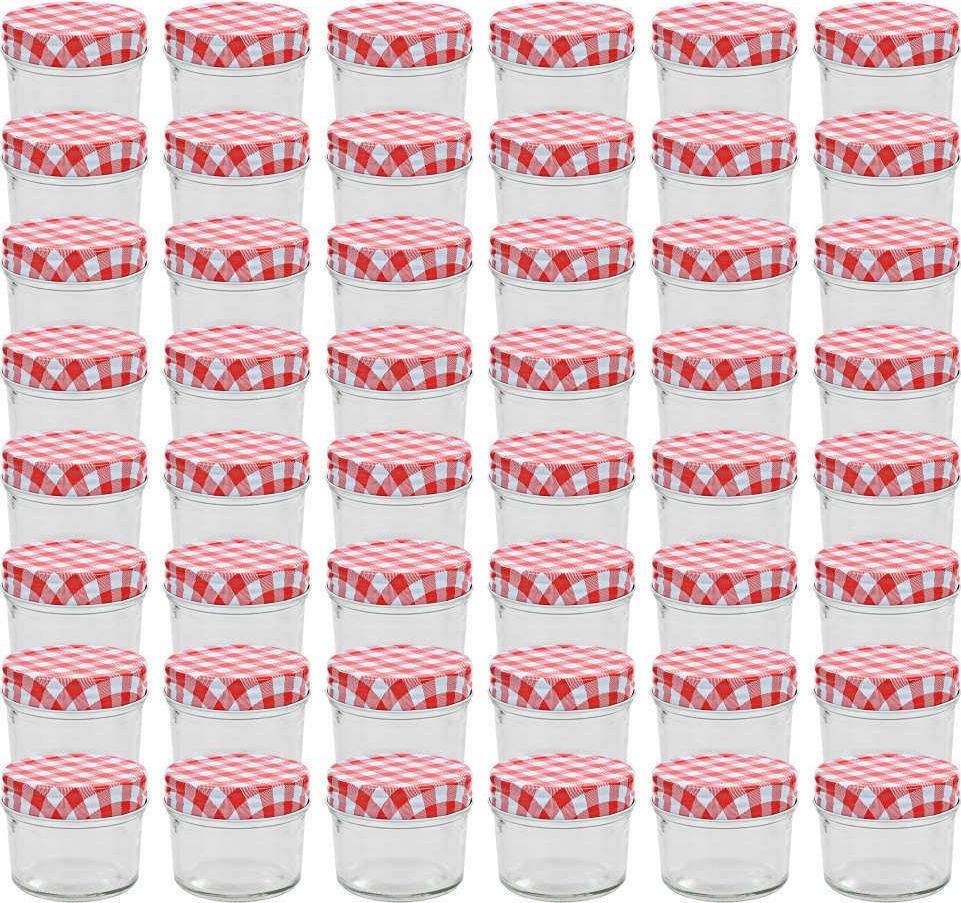 vidaXL Szklane słoiki na dżem, biało-czerwone pokrywki, 48 szt, 110 ml vidaXL