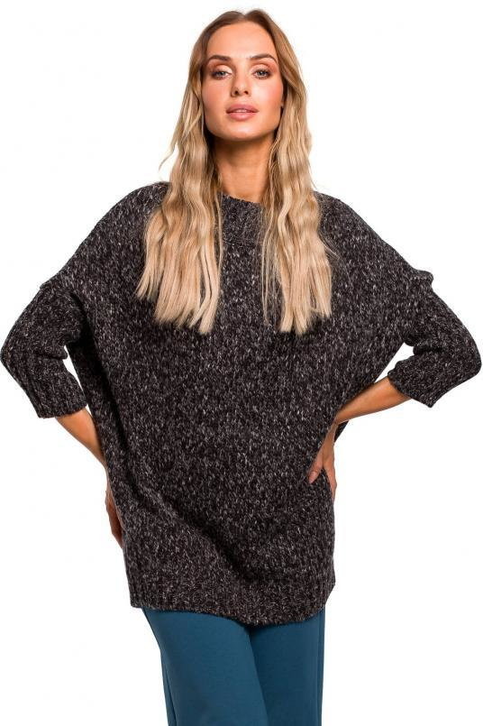 SukienkiShop Sweter damski oversize z wełną melanżowy szary grafitowy - SukienkiShop