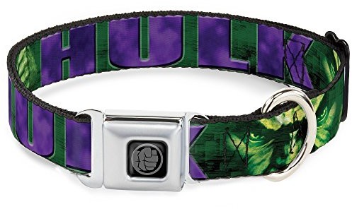 Buckle-Down Obroża dla psa pas bezpieczeństwa klamra Hulk twarz zbliżenie akcja poza zielonymi fioletami 28 cm do 43 cm szerokości 2 cm DC-SB-HUK-WHU008-1.0-M