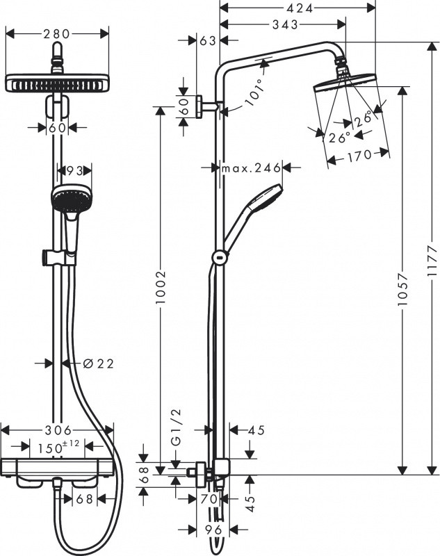 Hansgrohe Croma E 280 1jet EcoSmart 9l/min Zestaw prysznicowy termostatyczny z deszczownicą chrom 27660000