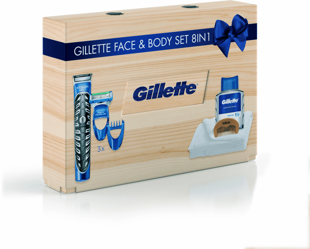 Gillette Drewniane pudełko upominkowe Styler + woda po goleniu + grzebień + ręcznik