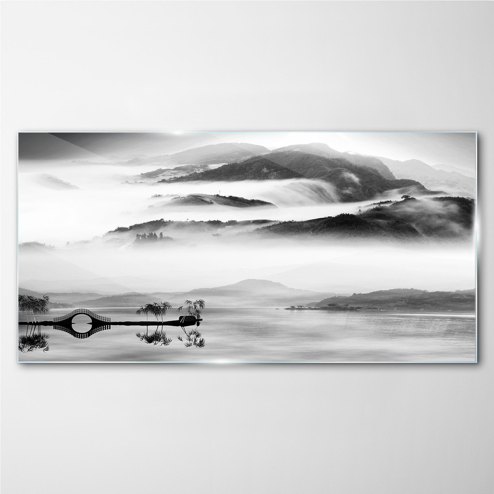 PL Coloray Obraz na Szkle jezioro góry mgła most 100x50cm