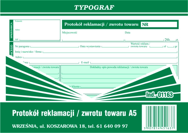 Typograf Druk Protokół reklamacji / zwrot towaru 01163