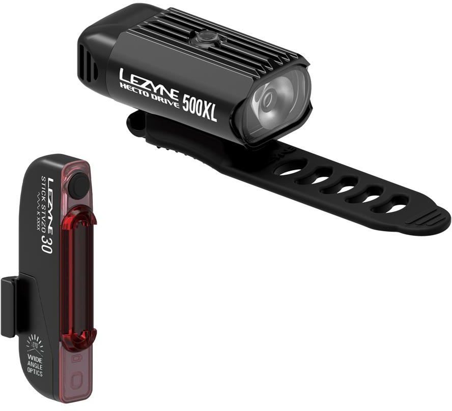 LEZYNE Zestaw lampki HECTO DRIVE 500XL przód 500 lumenów, STICK tył 30 lumenów, usb czarne (NEW 2021) LZN-1-LED-9P-V1504