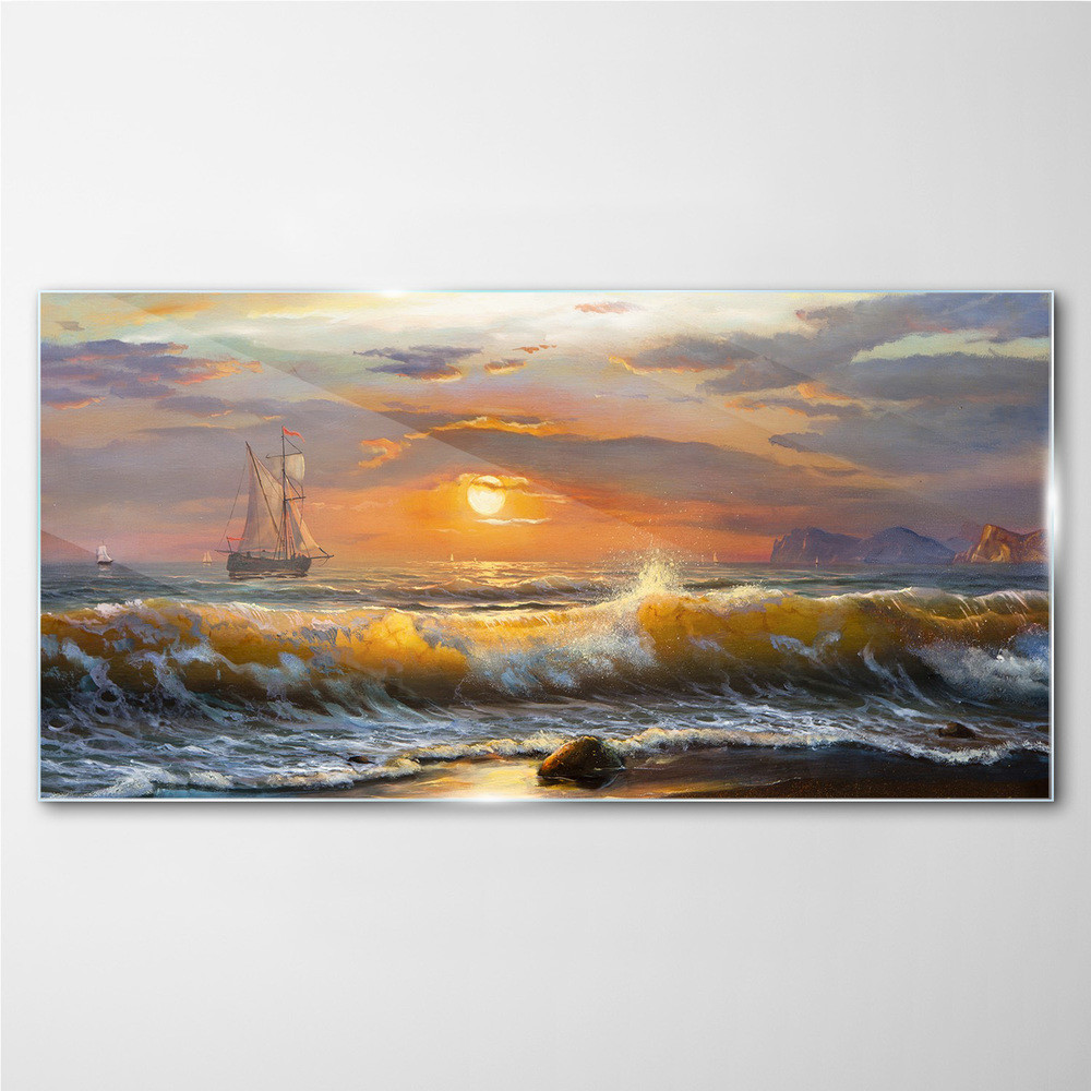 PL Coloray Obraz na Szkle wybrzeże fale zachód słońca 100x50cm