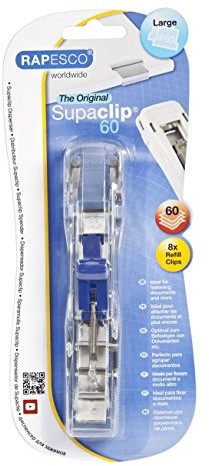Rapesco Supaclip Pojemność 60 kartek - Transparentny Wytrzymały Dozownik + 8 Klipów ze Stali Nierdzewnej RC6008SS