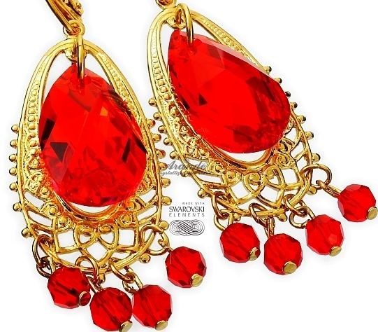 Swarovski UNIKAT PIĘKNE KOLCZYKI RED GOLD CHANDELIER