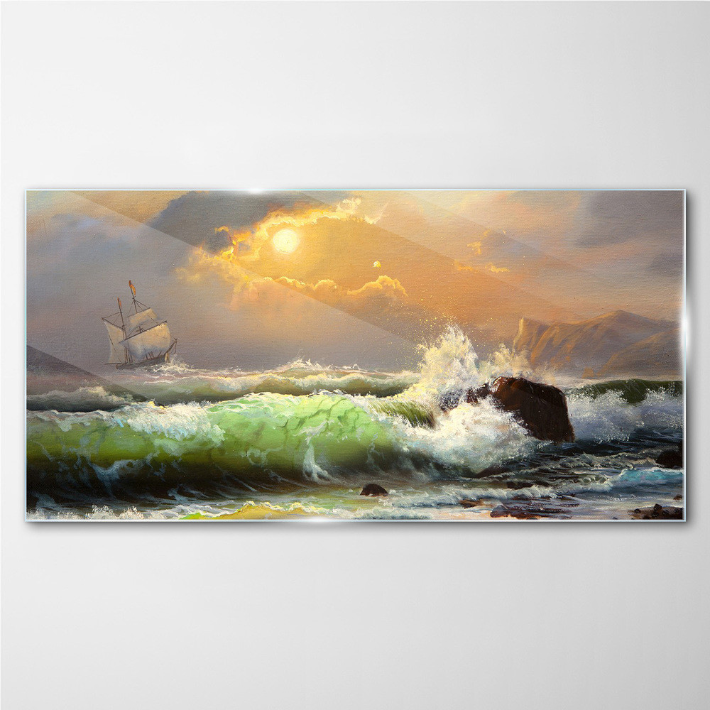 PL Coloray Obraz Szklany fale statek zachód słońca 100x50cm