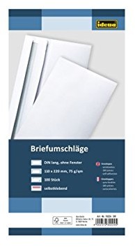 Idena 10224  kopert DIN długie, 75 G/M, samoprzylepna, bez okienka, 100 sztuk, FSC-Mix, biały 10224