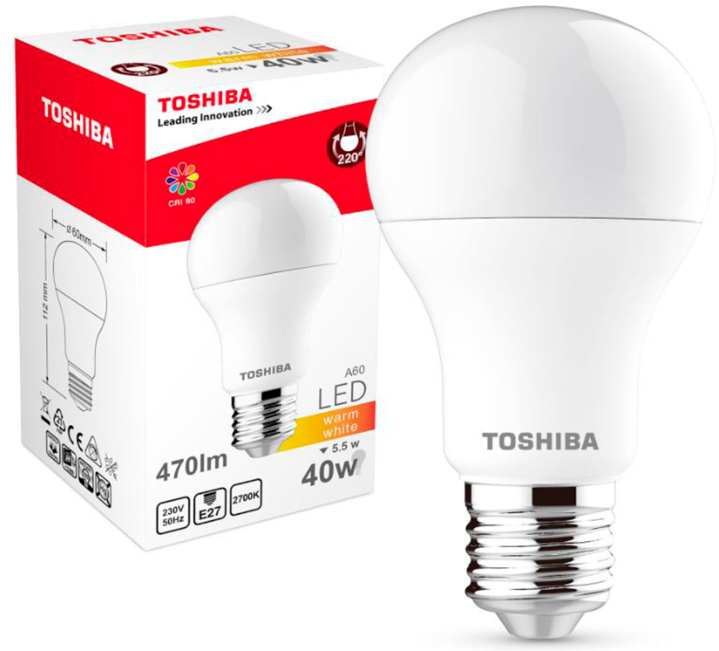 Toshiba Żarówka LED A60 5.5W 40W) 470LM 2700K 80RA ND E27 00101315010B
