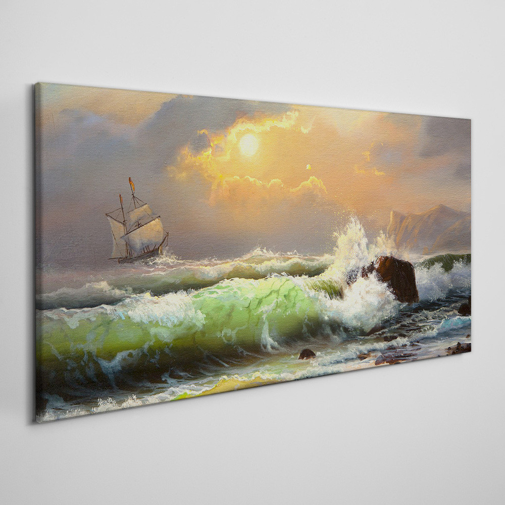 PL Coloray Obraz Canvas fale statek zachód słońca 100x50cm