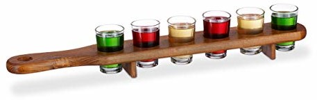 Relaxdays drewniana deska na wódkę, 6 kieliszków do wódki, 4 cl, praktyczna taca na wódkę, połowa metra, wspaniały pomysł na prezent, deska do shotów, brązowa (10022788)