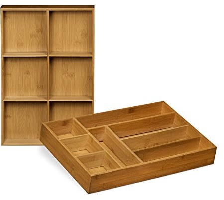 Relaxdays wkłady do szuflady, 2 sztuki, z bambusa, przybliżone wymiary: 6,5 × 30,5 × 46 cm, z wyjmowanymi ściankami działowymi, do szuflady ze sztućcami lub jako organizer, kolor naturalny 10020330