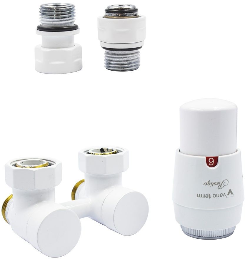 Varioterm Zawór odcinający kątowy Premium Exclusive ze złączką PEX/CU/GW1/2 lub GZ1/2 i z głowicą termo - biały instalacja 1/2 - złączka GZ PREGS0206C/FK(GZ)