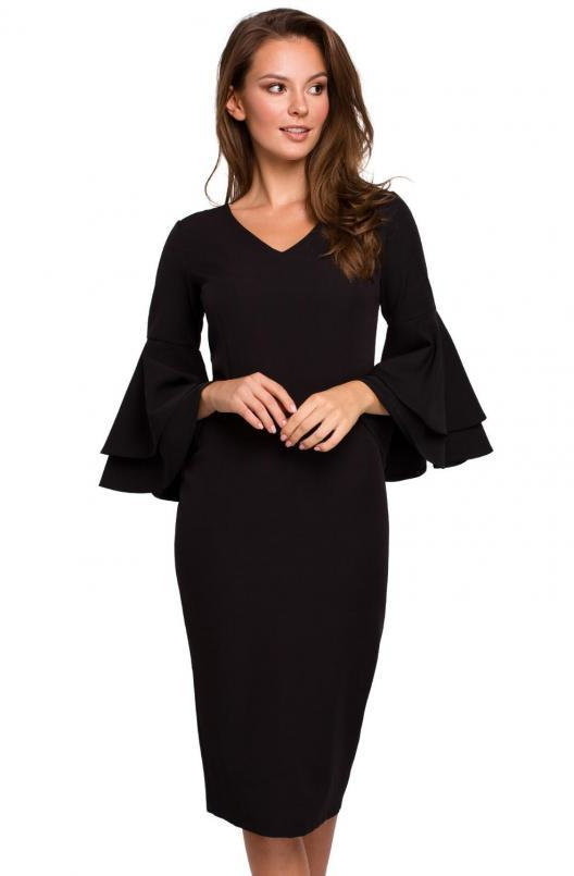 SukienkiShop Sukienka elegancka wieczorowa midi z bufiastymi rękawami czarna - SukienkiShop
