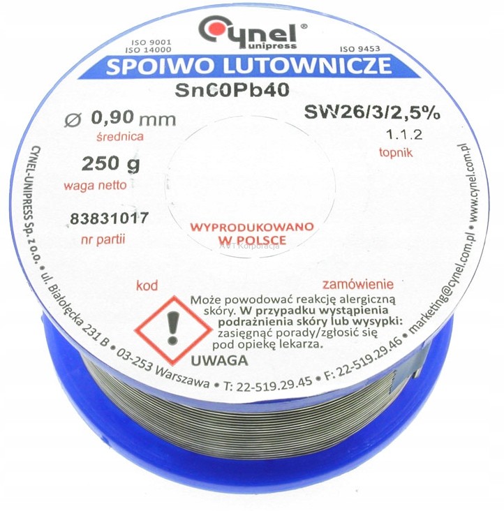 Cyna 090/250 Cyna fi0.90 Sn60Pb40 z topnikiem SW26