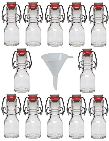 Viva Haushaltswaren VIVA artykuły gospodarstwa domowego  12 małe szklanych butelek 50 ML z zamknięciem dźwigniowym do samodzielnego napełniania łącznie z białych lejek do napełniania, średnica 7 cm #30516#