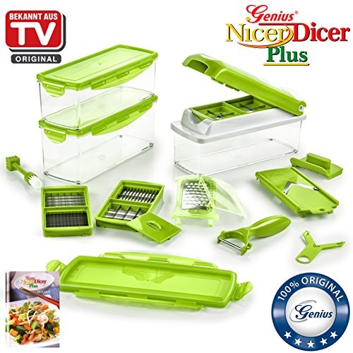 Genius Nicer Dicer Plus - wielofunkcyjna krajalnico-szatkownica | 18 elementów | krojenie| | ścieranie | krojenie w zapałkę | krojenie w spiralę | szatkowanie | krojenie w kostkę | przyrząd do krojeni A33883