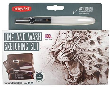Derwent Line And Wash Sketching Set zestaw 6 ołówków z serii Graphic, 2 rozpuszczalne w wodzie ołówki, metalowe etui Derwent oraz akcesoria 2302162
