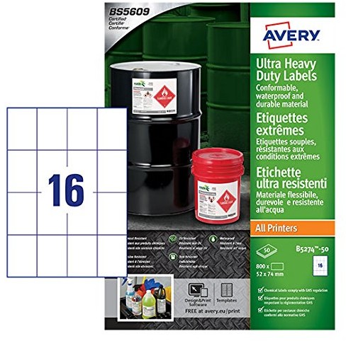 Avery b5274 50 A4 Ultra wytrzymały wodoszczelność GHS, BS5609 certyfikowane, etykiety do wszystkich drukarek, 52 X 74 MM, biały B5274-50