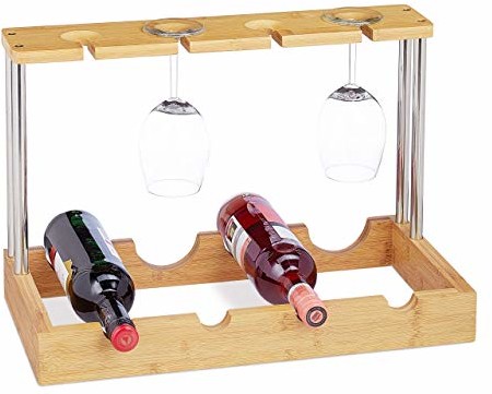 Relaxdays bambusowy regał na wino, na 4 butelki, 4 szklanki, 2 poziomy, wygląd drewna, wys. x szer. x gł.: 33 x 50 x 25 cm, naturalny (10022230)